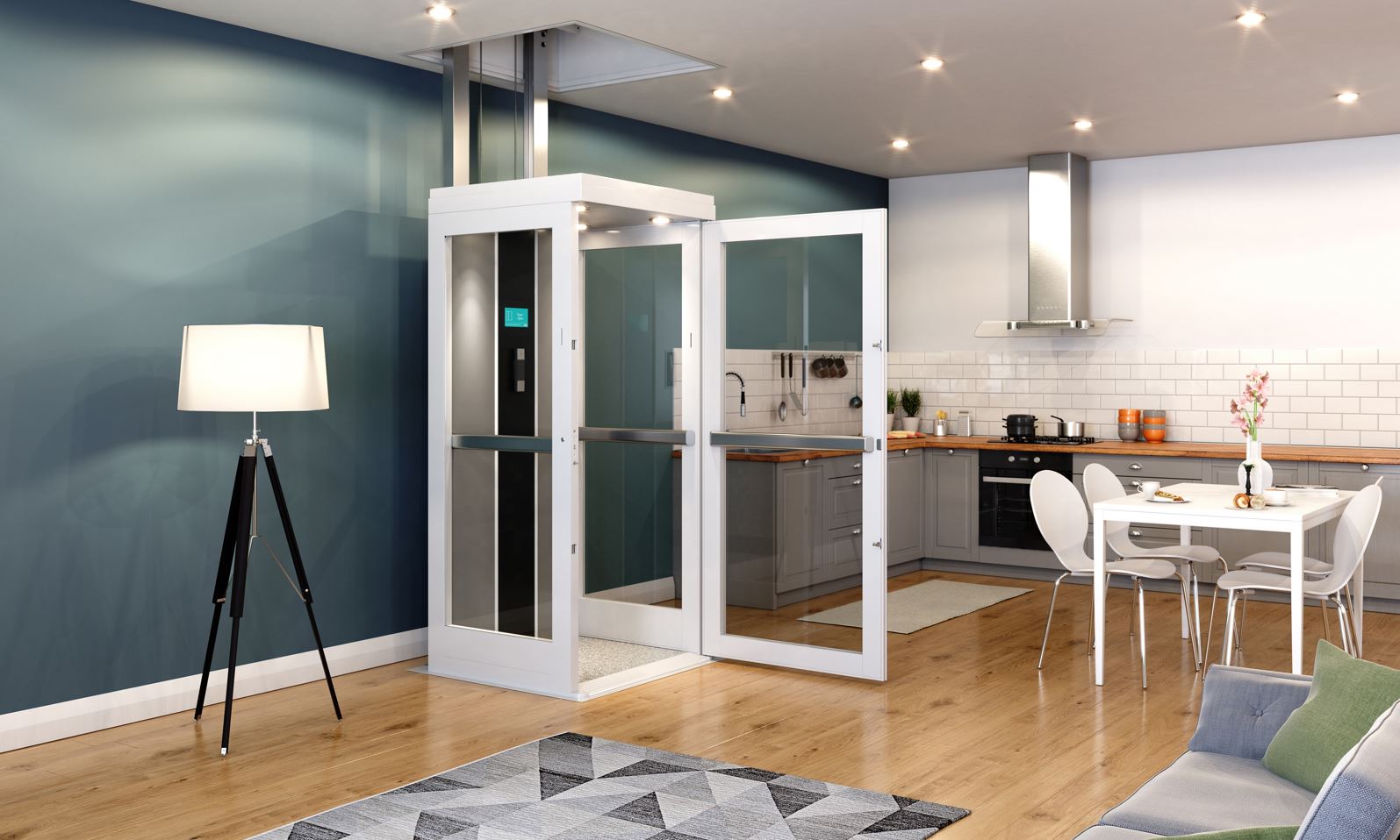 Bruno Connect Through floor home elevator with door open in kitchen
